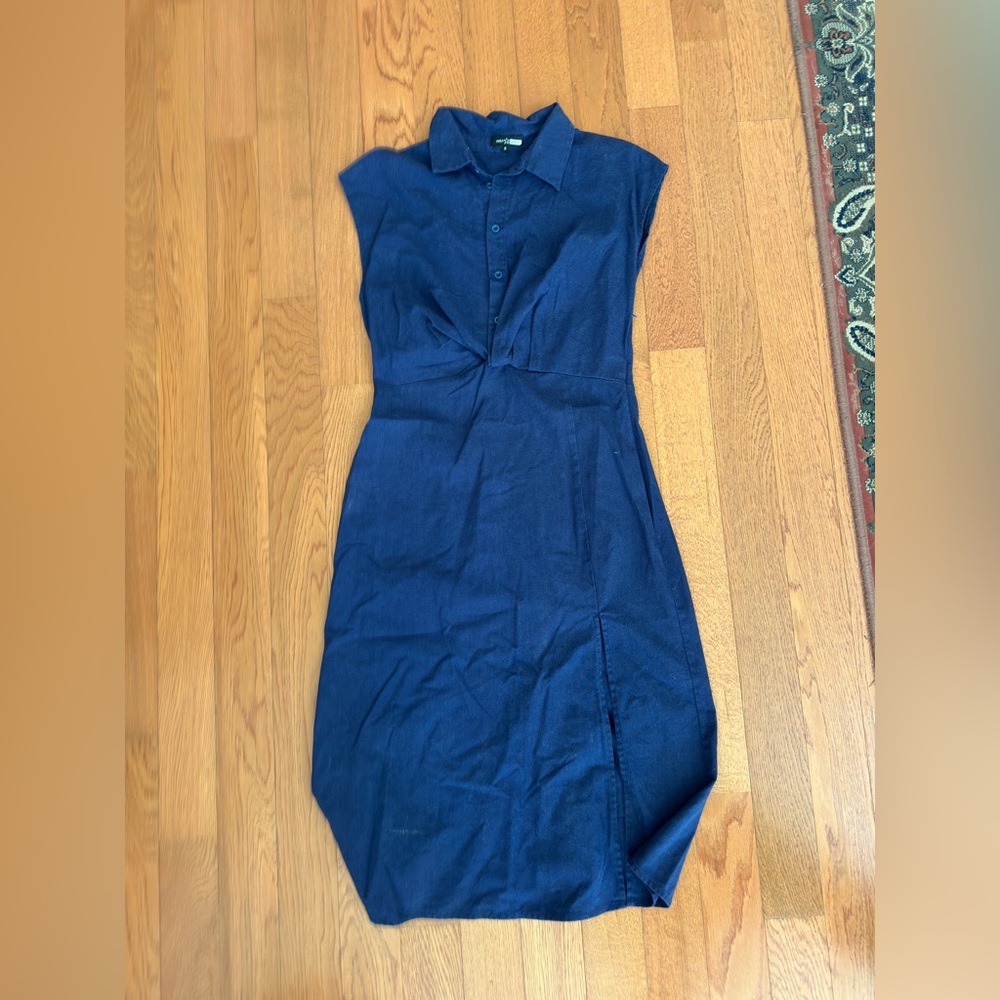 AREA Navy Midi Collar Button Up Dress